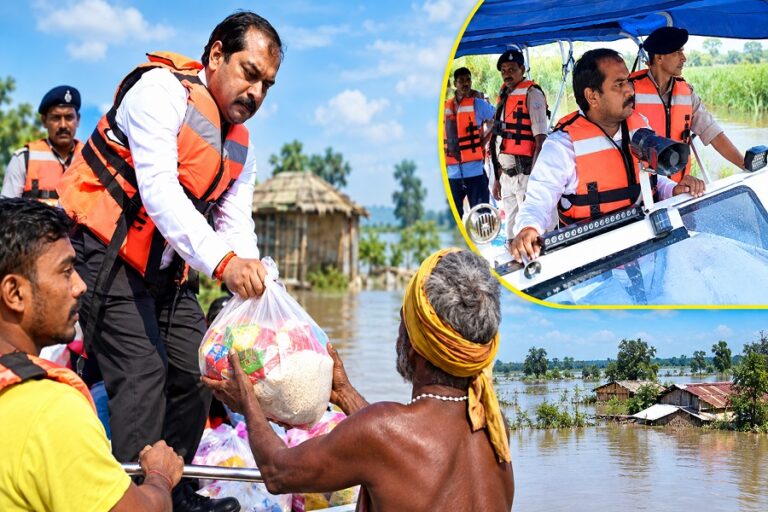 साहिबगंज में बाढ़ के बीच प्रभावित इलाकों में पहुंचे DC, ग्रामीणों से जाना हाल; बांटी राहत सामग्री