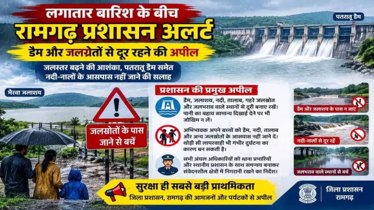 रामगढ़ में लगातार बारिश से प्रशासन अलर्ट, डैम और जलस्रोतों से दूर रहने की अपील